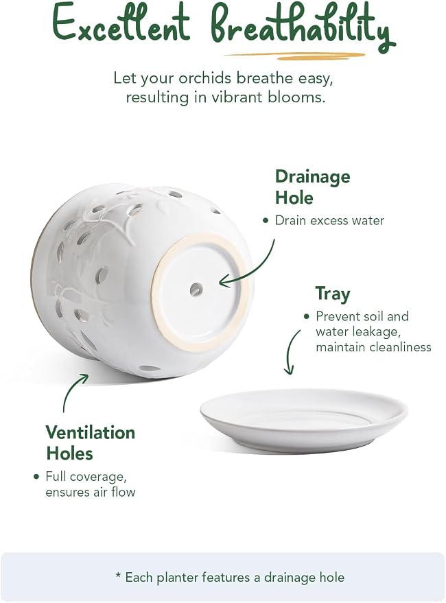 LE TAUCI Ceramic Orchid Pot, 6.5 Inch Orchid Pots with Holes, Orchid Planter for Repotting, Indoor Flower Plant Pot with Drainage and Saucer, White