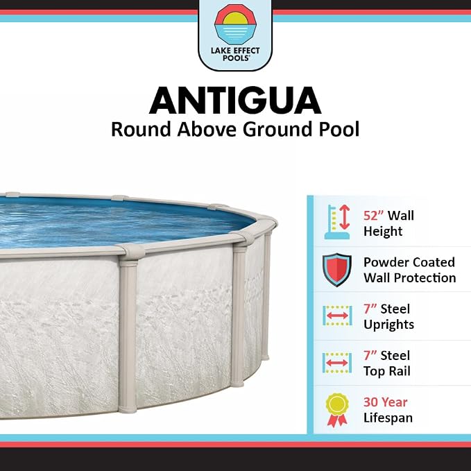 Lake Effect Pools 'Antigua' 21 ft Round Above Ground Swimming Pool | 52 Inch Steel Sided Walls | Kit Includes: 25 Gauge Overlap Liner & Widemouth Skimmer