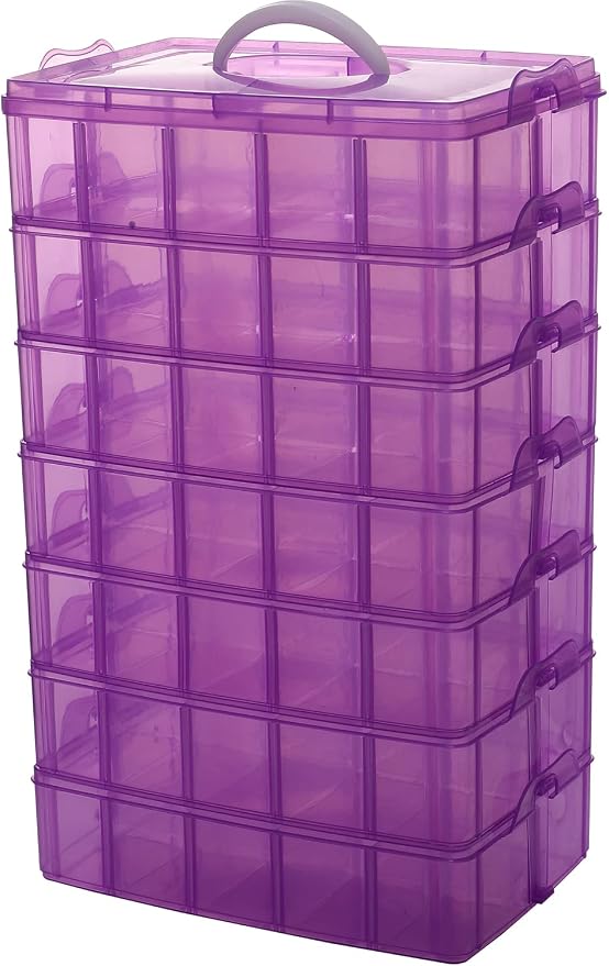 Sooyee 7 Layers Stackable Storage Container, 70 Adjustable Compartments Stackable Storage Container for Kids Toys, Art Crafts, Jewelry, Supplies, Mini Case & Letter Sticker Included,Clear,Purple