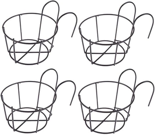 4 Pack Hanging Railing Planters Flower Pot Holders Plant Iron Racks Fence Metal Potted Stand Mounted Balcony Round Plant Baskets Shelf Container Box for Indoor&Outdoor Use-Black,Garden Steel Pots,6.3"