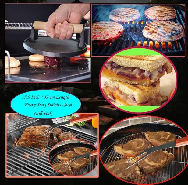 La Cuisine 8 PCs Flat-Top Griddle BBQ Accessories Kit including solid & perforated Spatulas, Fork, Tong, Cast Iron Meat Press, Condiment Squeeze Bottles for Grilling Hibachi and Teppanyaki Cooking