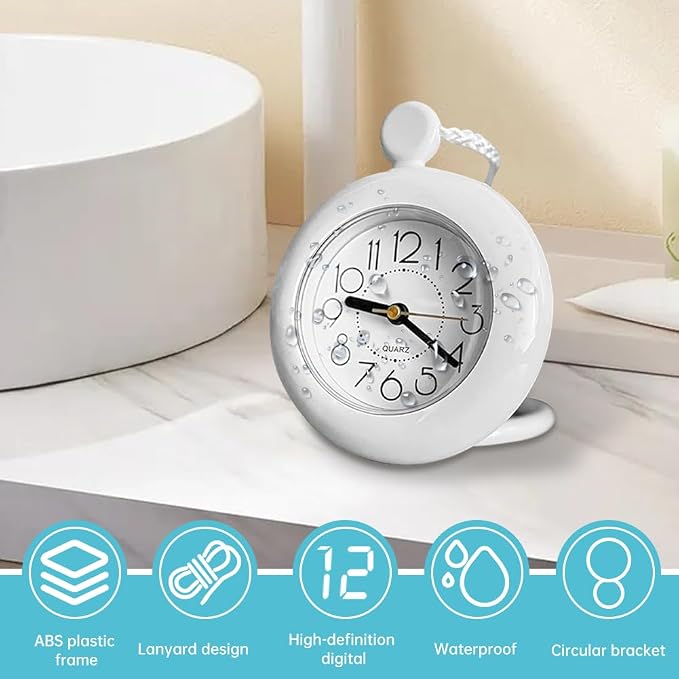Waterproof Shower Clock, 4.72 in Analog Quartz Bathroom Clock with Silent Movement, Hanging or Standing, ABS Plastic, Requires 1 AA Battery, Not Included, White