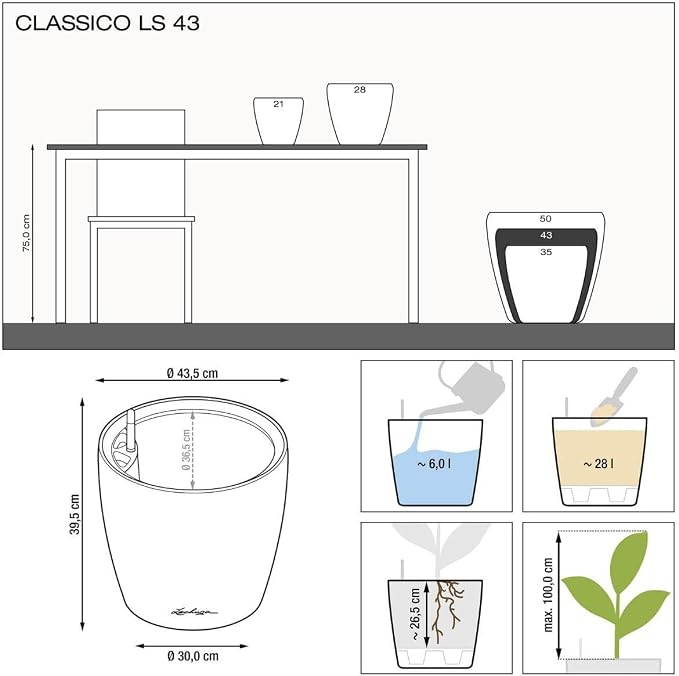 Lechuza Classico LS 43 Scarlet Red High Gloss, Self-Watering Round Planter, D16.9 H15.7 in