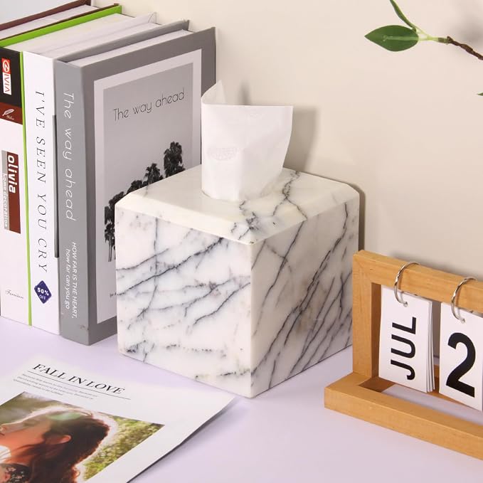 Natural Marble Square Tissue Box Cover,Stone Modern Decorative Sturdy Napkin Box Holder Case,Facial Paper Organizer for Bathroom Vanity Toilet Countertop,Kitchen (1, Lilac, 5.71 * 5.71 * 5.51)