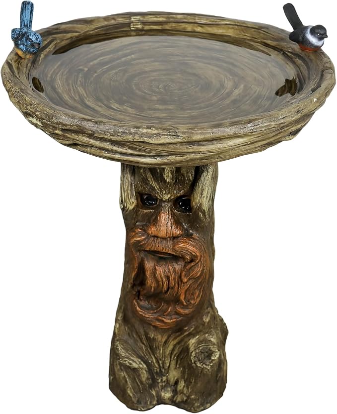 SunJet 24” High x 19” Diameter Outdoor Bird Bath with Tree Face Pedestal - Fibre Reinforced Concrete Birdbaths with Decorative Birds for Garden, Patio, Yard, Lawn Décor