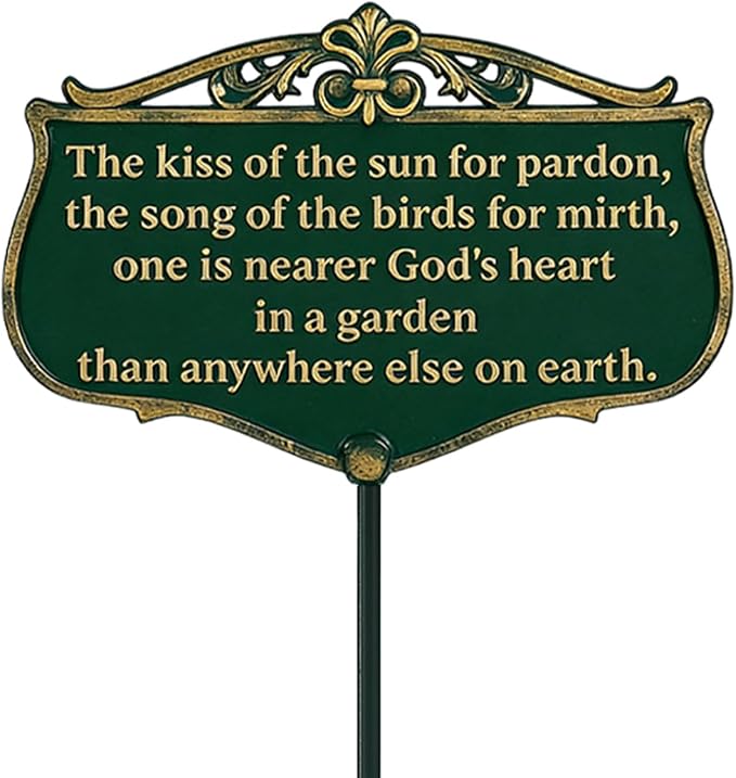 Garden Signs for Outside, "The Kiss of The Sun" Double-Sided Vintage Green Poem Plaque with Stake, Aluminum Outdoor Garden Sign for Patio Yard Lawn Backyard Porch Decor