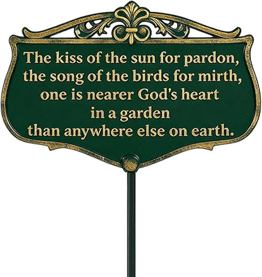 Garden Signs for Outside, "The Kiss of The Sun" Double-Sided Vintage Green Poem Plaque with Stake, Aluminum Outdoor Garden Sign for Patio Yard Lawn Backyard Porch Decor