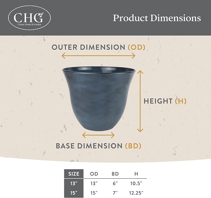 Classic Home and Garden Honeysuckle Resin Planters - Lightweight Indoor & Outdoor Plant Pots - UV-Resistant Plastic Flower Pots - Pot Planters for Flowers & Herbs (13" Fossil)
