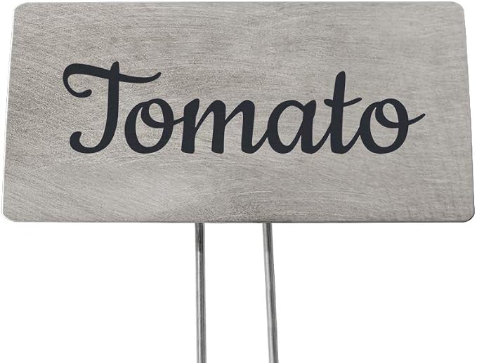 Outdoor Metal Garden Sign, Label, or Memorial. 4 x 2" or 6 x 4" sign with rounded corners and a 10" stake. Materials Include: Stainless Steel, Brass, Copper, Bronze and Titanium. (Titanium, 4 x 2")