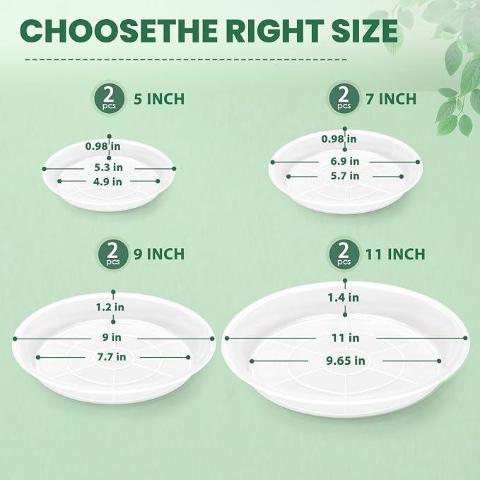 8 Pack 5 7 9 11 Inch Clear Plastic Plant Saucers for Indoors, Durable Plant Trays for Pots and Plant Water Catcher Tray with No Holes, Reusable Plastic Trays for Plants (5 7 9 11''-8Pack)
