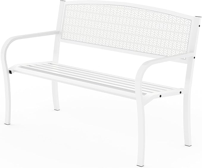 50" Outdoor Metal Garden Bench, Patio Steel Bench with Curved Backrest, Decorative Pattern, Weather-Resistant Porch Bench for Yard, Park, Deck, Backyard
