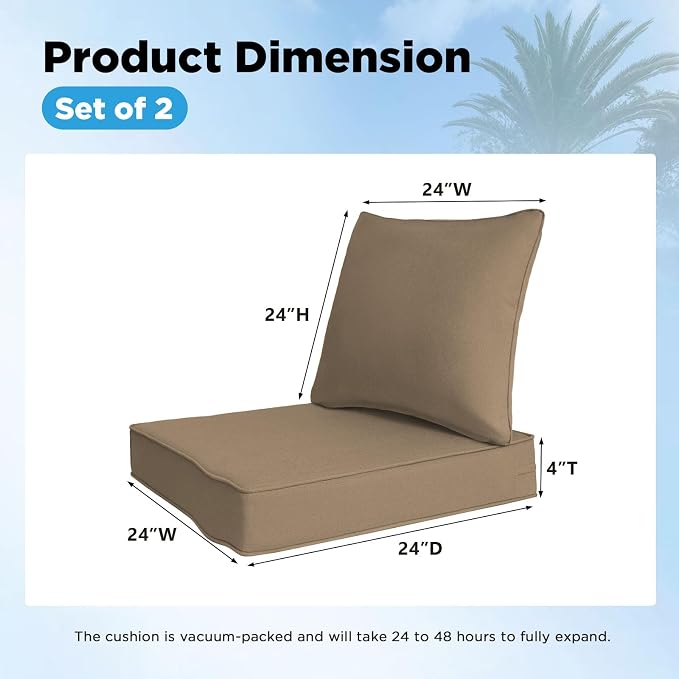 Sunbrella Outdoor Deep Seat & Back Cushion Set (2-Pack), 24 x 24 Inch Water Repellent and Fade Resistant Patio Furniture with Removable Cover for Outside Sofa Couch, Canvas Camel