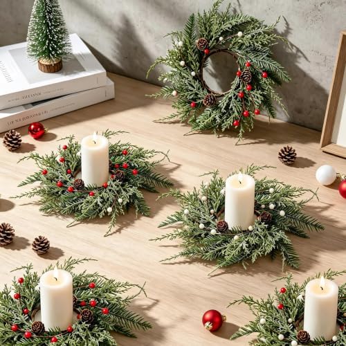 6 PCS Christmas Wreath Candle Rings Mini Wreath Pine Garland Artificial Frosted Cedar and Pine Cone Candle Rings Holder for Christmas Wedding Home Table Centerpiece Door Window Chair Wall - Image 2