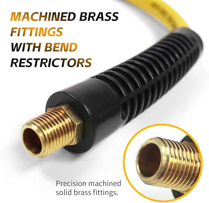 MaxWorks 80788 Hybrid Polymer Air Hose – 3/8-Inch x 50-Foot, 300 PSI – All-Weather Flexible, Kink-Resistant, Lay-Flat Design with Solid Brass Fittings and Bend Restrictors (High-Visibility Yellow)