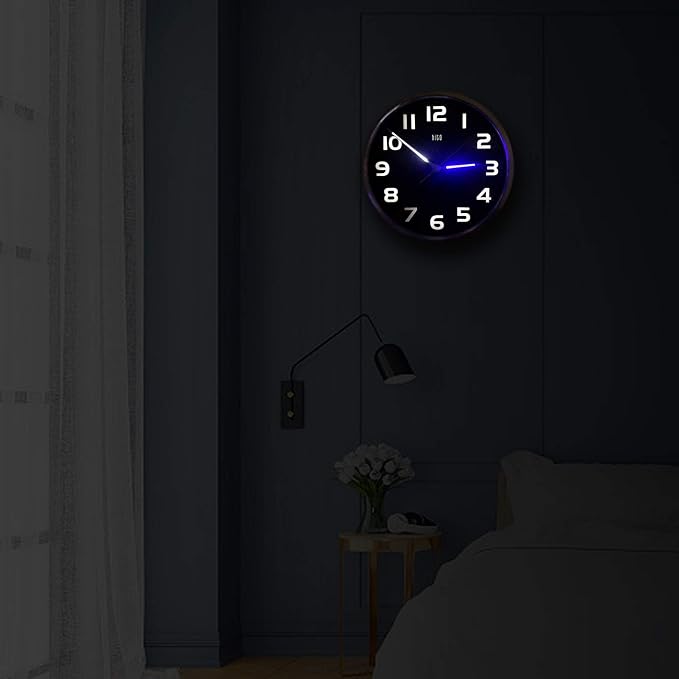 HITO 12 Inch Night Light Wall Clock Battery Operated Brightness Adjustable, Metal Frame, Glass Cover(Hands + Numbers Illuminate)