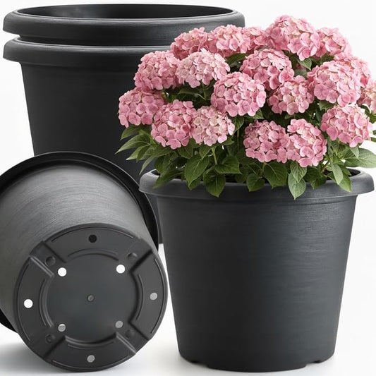 4 Pack 14 Inch Plastic Planter Pots with Drainage Holes - Heavy Duty 20L Capacity Large Outdoor Planters for Planting Medium Large Plants, Raised Base, Cement Textured Garden Container Flower Pots