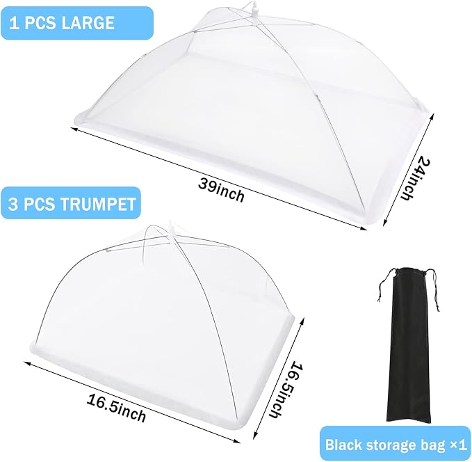 JULBEAR 4 Pcs Extra Large Mesh Food Cover Tent Umbrella for Outside Parties | Mesh Netting, Picnics Outdoor BBQs, Collapsible Reusable Food Covers for Outside, 1 Pcs 40"x24", 3 Pcs 17"x17" Food Nets