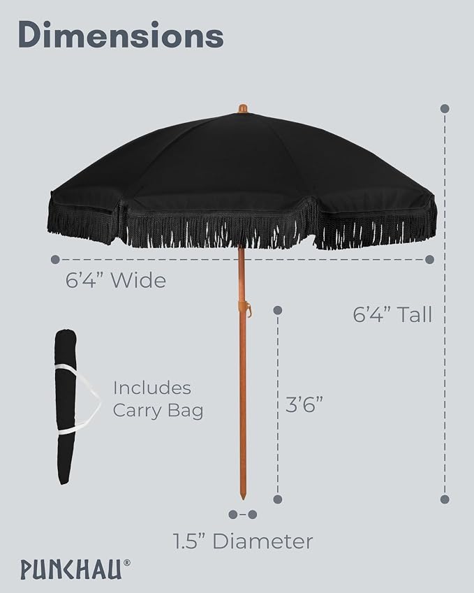 6 Ft Fringe Patio Umbrella - Outdoor Umbrella for Patio, Pool, Table, Garden, Deck, Beach, and Outdoors - Fashionable Boho Vintage Tassels & Wood Print - Push Button Tilt Pole