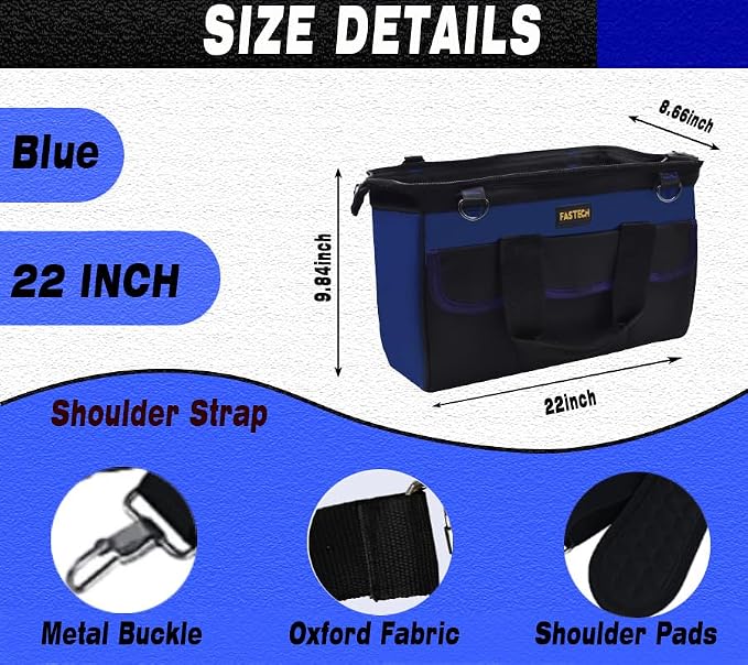 FASTECH 22 Inch Heavy Duty Tools Bag With Wide Mouth for Tool Storage, Carrier and Organizer, Tool Bag for Men/Women, Wide Mouth Tote Bag With Inside Pockets (22 Inch)