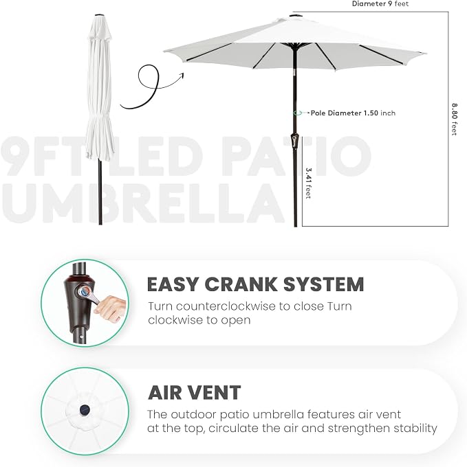 JEAREY 9FT Outdoor Patio Umbrella with Solar Lights, LED Lighted Pool Umbrella with Tilt and Crank, Outdoor Table Umbrellas for Deck, Yard & Market (Cream White)