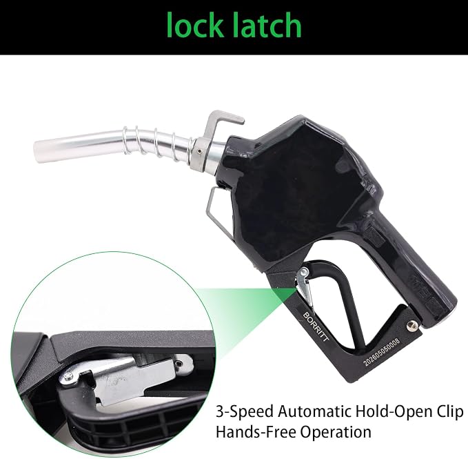 3/4" Inch NPT Auto Fuel Nozzle Automatic Shut Off Pressure Sensitive W/360° Hose Swivel Gas Fuel Transfer Pump Nozzle,13/16" Spout,Copper Valve, 16 gpm Flow Rate for Diesel,asoline,Black+Hook