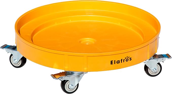 ELAFROS 30 Gallon and 55 Gallon Heavy Duty Plastic Drum Dolly – Durable Plastic Drum Cart 900 lb. Capacity- Barrel Dolly with 5 Swivel Casters Wheel, Yellow, with Brake