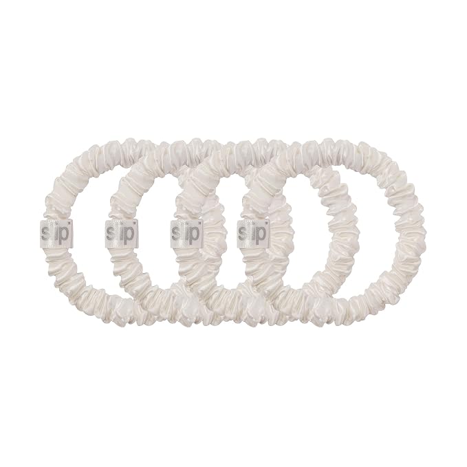 Slip Silk Hair Ties — Skinny Silk White Scrunchies, No Damage, No Crease, Anti-Breakage |100% Mulberry Silk | All Hair Types | Made with Proprietary Slipsilk™ | Set of 4