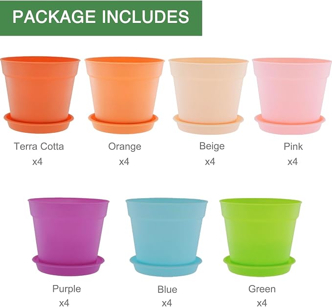 SwinDuck 4 inch Plant Pots, 28 Pack Small Plastic Planters with Drainage Holes and Saucers for Flowers Plants, Succulents, Seed Starting Pots, Colorful