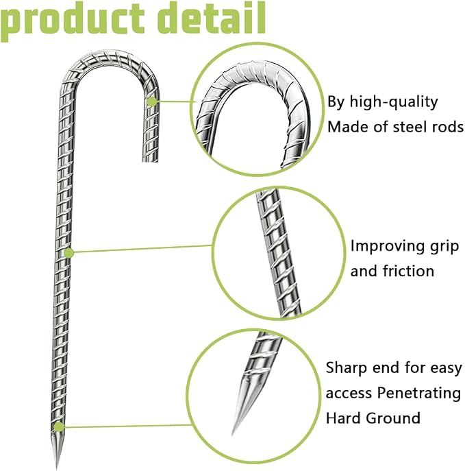 Rebar-Stakes-12-Inch, Ground Stakes Heavy Duty J-Hook Galvanized Anti-Rust Heavy Duty Ground Anchors for Garden Dog Fence Chicken Coop Christmas Decorations Deer Fence 12pcs