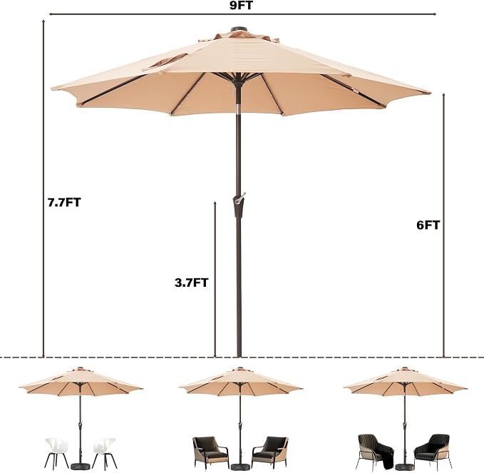 9FT Solar-Powered LED Patio Umbrella with Tilt Crank,Outdoor Market Umbrella with 32 Lights,Sunshade for Deck, Garden and Pool