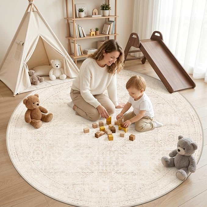 Round Area Rug Living Room: 6ft Neutral Washable Carpet Rug Beige | Vintage Boho Circle Soft Large Circular Carpet Bedroom Nursery Farmhouse Dining Room Indoor Decor Floor Non-Slip Under Table