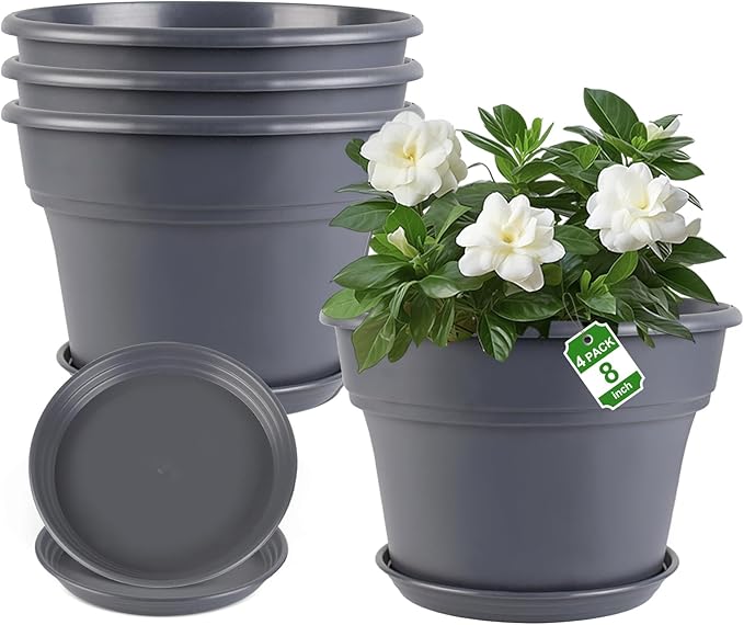Myfeegoin 8-inch-Plant-Pots-Indoor-Outdoor, 4 Pack Plastic Planters with Drainage Holes & Saucers, Resin Flower Pots with Trays, Classic Garden Pot Container for House