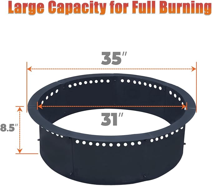 SoulMate Outdoor 35-Inch Outer/31-Inch Inner Fire Pit Ring Smokeless,Duty Solid Metal Steel Round Firepit Rim Insert for DIY Fire Pits, Outdoor Above or In-Ground, Camping Garden Patio Backyard.