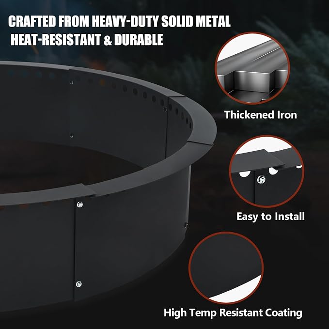 36 Inch Smokeless Fire Pit Ring, Heavy Duty Steel Fire Pit Ring Insert with Air Vent Design, 40 Inch Outer Diameter Round Fire Ring for Outdoor Wood Burning, Backyard, Patio, Garden & Camping