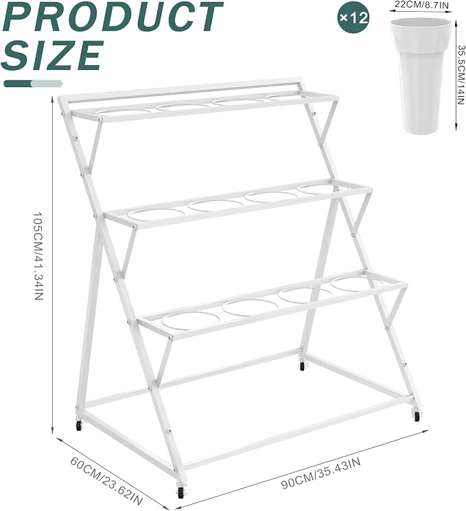 Asee'm Flower Display Stand with 12 Buckets Metal Flower Bar Stand 3 Layer Heavy Duty Flowers Cart Display with Wheels Moving Florist Bouquet Shelf for Indoor Outdoor Patio Decor Terrace Wedding White