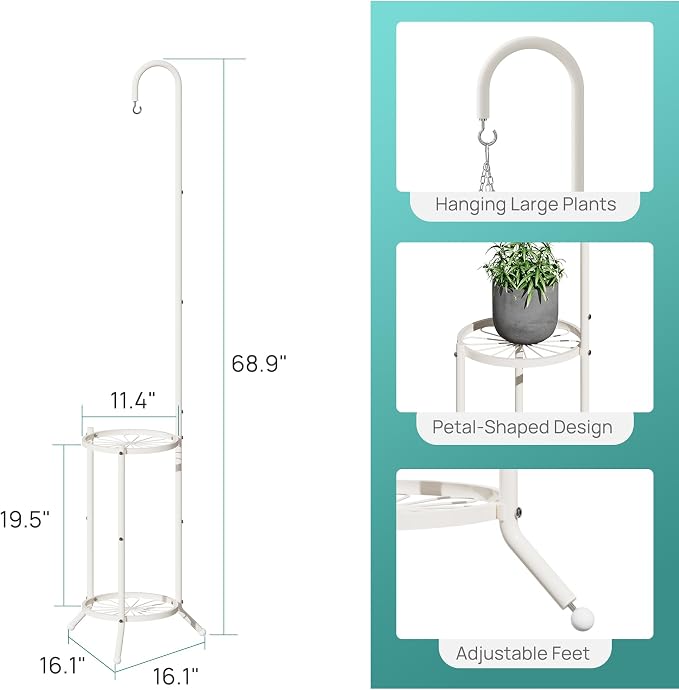 2-Tier Hanging Plant Stand, Heavy Duty Metal Planter Rack - Space Saving Indoor/Outdoor Shelves with 41" Hanging Space - Display Multiple Flower Pots, Tall Iron Plant Organizer for Living Room, Patio & Garden