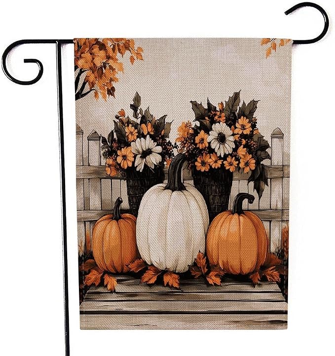 EMMTEEY Sunflower Garden Flag Fall Pumpkins 12.5X18 Double-Sided, Seasonal Yard Flags White Orange Small Burlap Garden Flags for Outside Front/Back Door