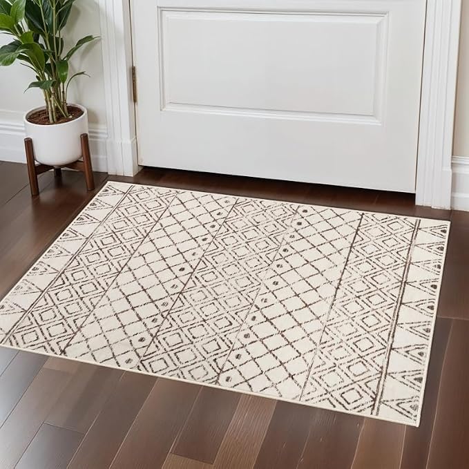 2x3 Small Rug Washable Rug: Moroccan Kitchen Low Pile Area Rugs Beige | Non Slip Geometric Indoor Mat with Rubber Backing Soft Area Rug Pet Friendly for Entryway Front Door Bedroom