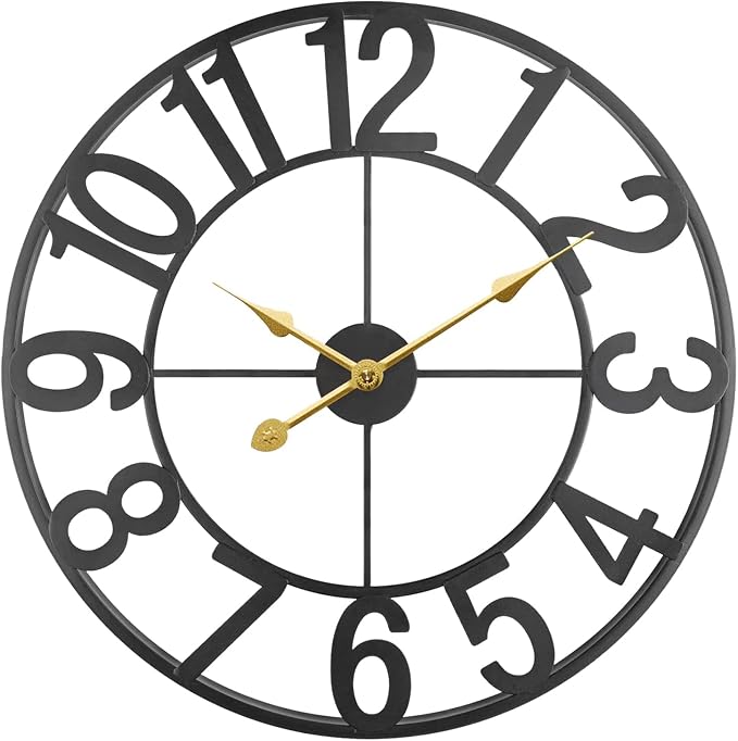 Large Outdoor Clock, Patio Decorative Wall Clock Silent Non Ticking Battery Operated, 24 Inch Modern Black Metal Clock for Pool Area, Living Room, Farmhouse, Kitchen