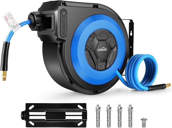 Himimi 50FT + 6.6FT Retractable Air Hose Reel, Ceiling/Wall Mount Penumatic Hose Reel for Garage Workshop, Auto Rewind, 3/8" x 50' Hybrid Air Hose Reel with Brass Fittings + Bend Restrictors, 300PSI