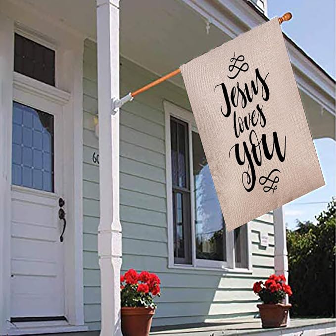 EMMTEEY House Flags 28x40 Double Sided Seasonal Burlap Yard Outdoor Decoration for Kids Garden Flag Jesus Loves You Inspirational Quote Design Element Housewarming Poster Modern Brush Lettering print