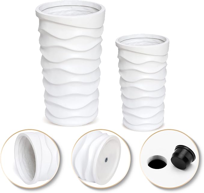 LuxenHome Tall Planters for Outdoor Plants, Set of 2 Indoor Outdoor Garden Plant Pots with Drainage Hole and Rubber Plug, Modern White Waves Flower Pot Concrete Planters for Home Garden Patio Porch