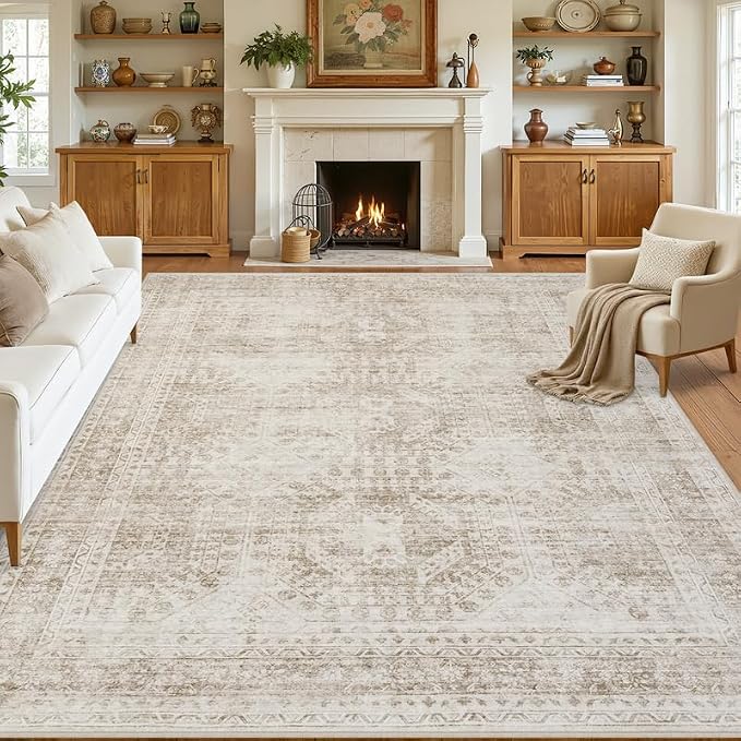 10x14 Area Rugs Living Room: Bedroom Neutral Washable Carpet Brown | Vintage Boho Soft Small Indoor Decor Floor Non-Slip Low Pile Neutral Farmhouse Entryway Laundry Bathroom Bedroom Beside Rugs