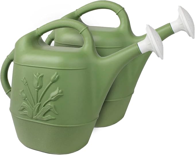 Union Products 63066 2 Gallon Plastic Indoor/Outdoor Watering Can w/Tulip Design for Garden, Potted Plants, & Patio Pots, Sage Green Color, 2 Pack