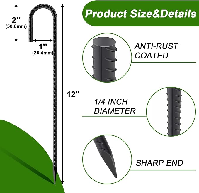 AAGUT Rebar Stakes 12 Inch 16 Pack, J Hook Premium Black Coated Ground Garden Anchors Heavy Duty, Superior Rust Resistance Chain Link Fence Stakes for Camping Tent, Inflatables, Lawn Decor