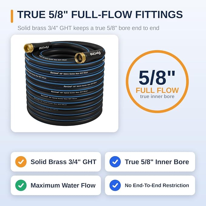 FEVONE Kink Free Garden Hose 75 ft, Heavy Duty Water Hose | Flexible Lightweight, Hybrid Polymer, 5/8 ID, 600 PSI, Leak-Proof, Solid Brass 3/4 GHT Fittings for Garden Watering
