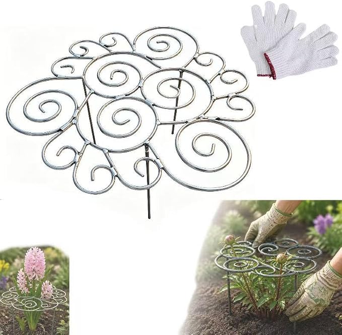 Metal Plant Support Ring for Garden, Heavy Duty Green Flower Hoop with Gardening Gloves, Peony Cage Stand for Outdoor Beds Indoor Pots, Grow Through Trellis 3 Sizes (1PC, Large (17.3in Diameter))