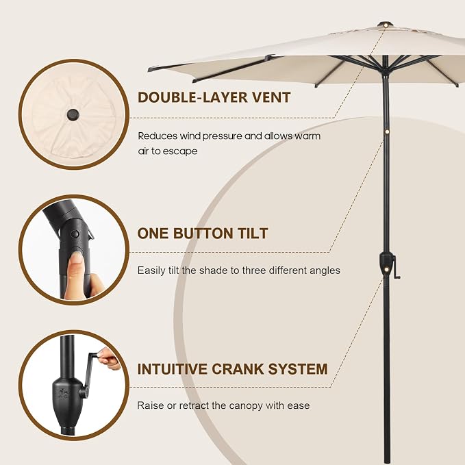 Abba Patio 9FT Lyon Outdoor Patio Umbrella Outdoor Table Umbrella with Push Button Tilt and Crank Market Umbrella 8 Sturdy Ribs UV Protection Waterproof for Garden Deck Backyard Pool Beige