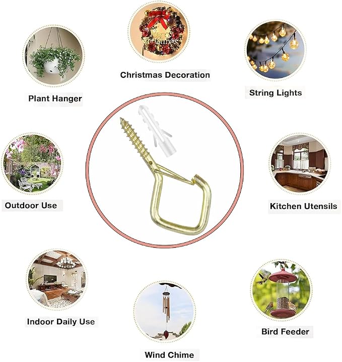 52-Pack Heavy-Duty Golden Screw Eye Hooks with Safety Clips | Metal Ceiling Hooks for Hanging Plants, Wind Chimes, Bird Feeders & Indoor/Outdoor Lights