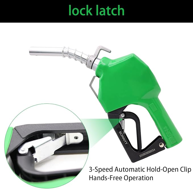 3/4" Inch NPT Auto Fuel Nozzle Automatic Shut Off Pressure Sensitive W/360° Hose Swivel Gas Fuel Transfer Pump Nozzle,13/16" Spout,Copper Valve, 16 gpm Flow Rate for Diesel,asoline,Green+Hook